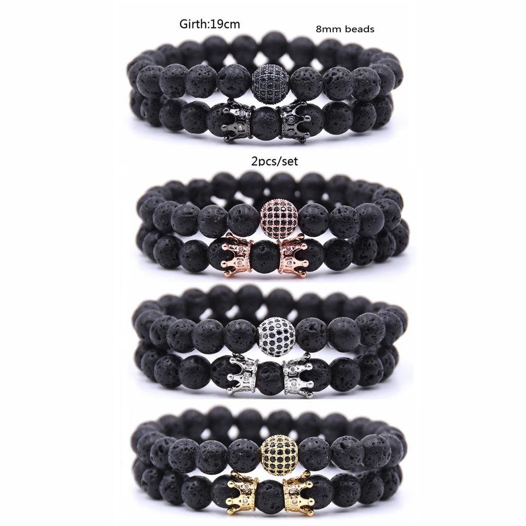 Newest Selling 2PCS Beads Natural Lava Stone Bracelets for Women Micro Pave Cz Ball Charms Bracelet Jewelry