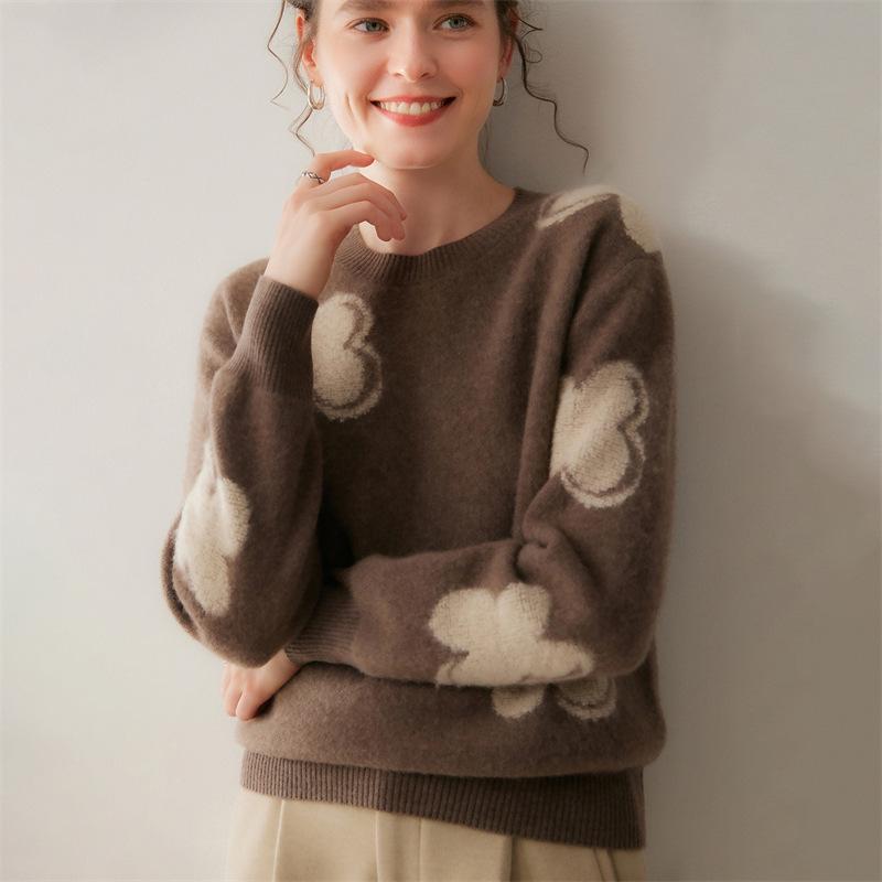 Lekasha Floral Cashmere Knit Sweater - Women's Autumn/Winter Round Neck Loose Fit