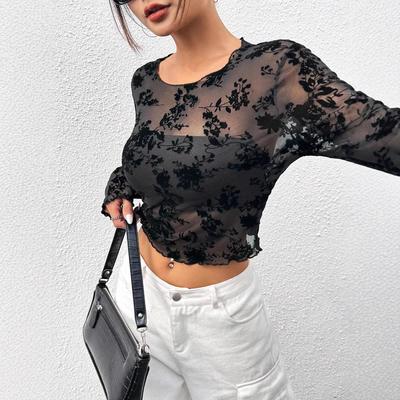 Ins Women's Black Sexy Mesh Round Neck Long Sleeve T Shirt Top Women Fashion Daily Basic Office Lady Casual Slim Fit Ladies Elegant Long Sleeve Top