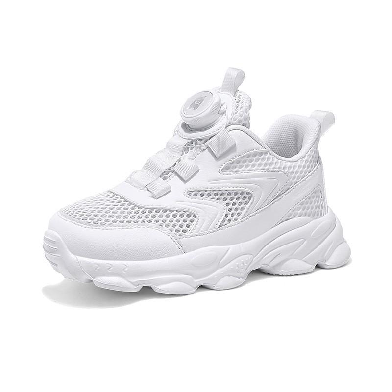 Kids White Mesh Sneakers Boys Girls Casual Shoes With Rotating Buckle