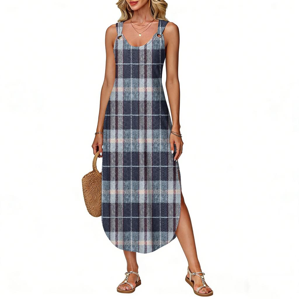 Women's Summer Long Dress, Sleeveless with Side Slits, Long Plaid Printed Vest Dress