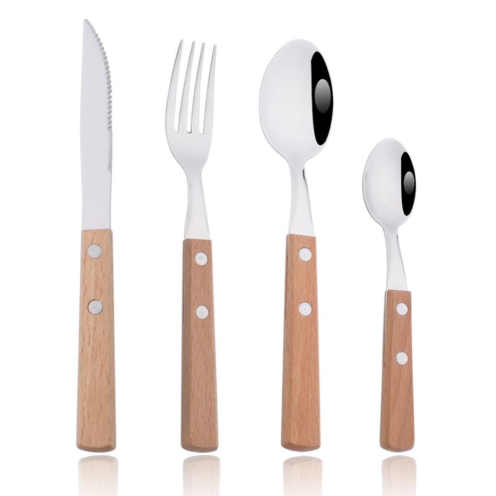 4/8/12/16/24Pcs Wooden Handle Cutlery Set Stainless Steel Luxury Knife Spoon Light Brown Tableware Kitchen Complete Dinnerware Set