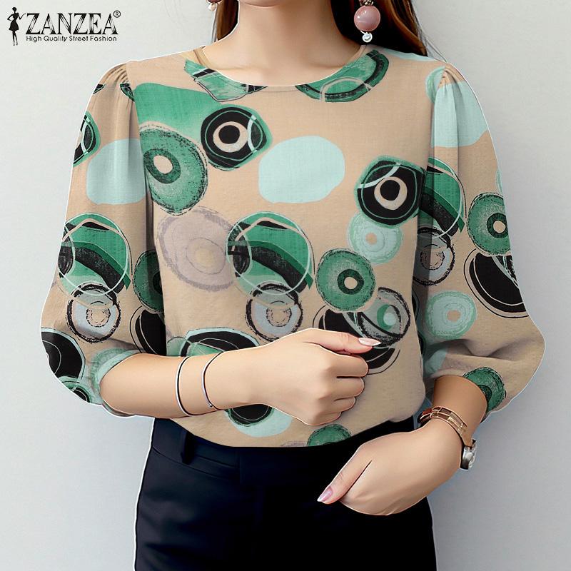 ZANZEA Dame Casual Rund Hals 3/4 Erme Løs Print Bluse