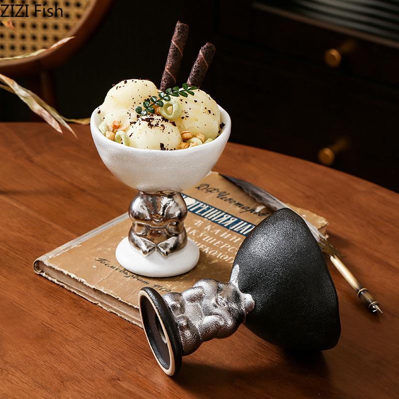 BR190mlCeramic Ice Cream Cup Heart-shaped Dessert Bowl Creative Frosted Relief Rabbit High Footed Cup Cute Rabbit Fruit Salad BowlEY