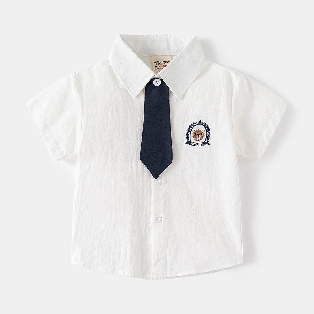 Boys Short Sleeve Dress Shirt Tie Embroidery Casual Button Down Top for Kids