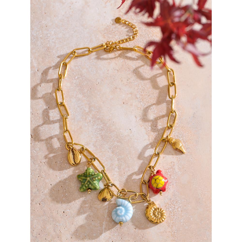 Yhpup Ocean Style Exquisite Ceramic Shell Starfish Turtle Drop Golden Necklace for Women Stainless Steel Trending Jewelry