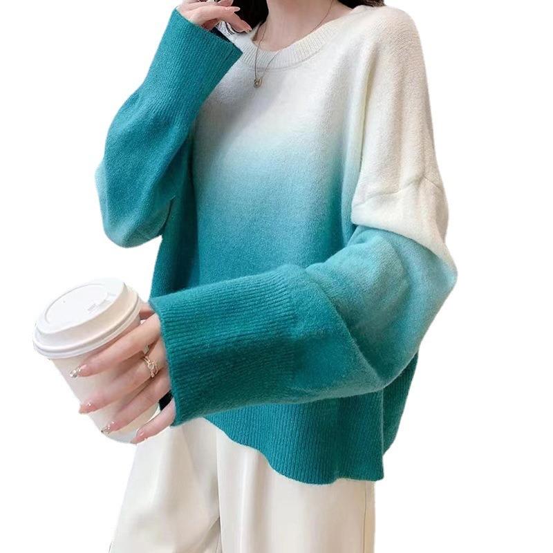Trendy new rainbow color hanging dye gradual change color matching loose round neck soft waxy pullover knitted sweater women