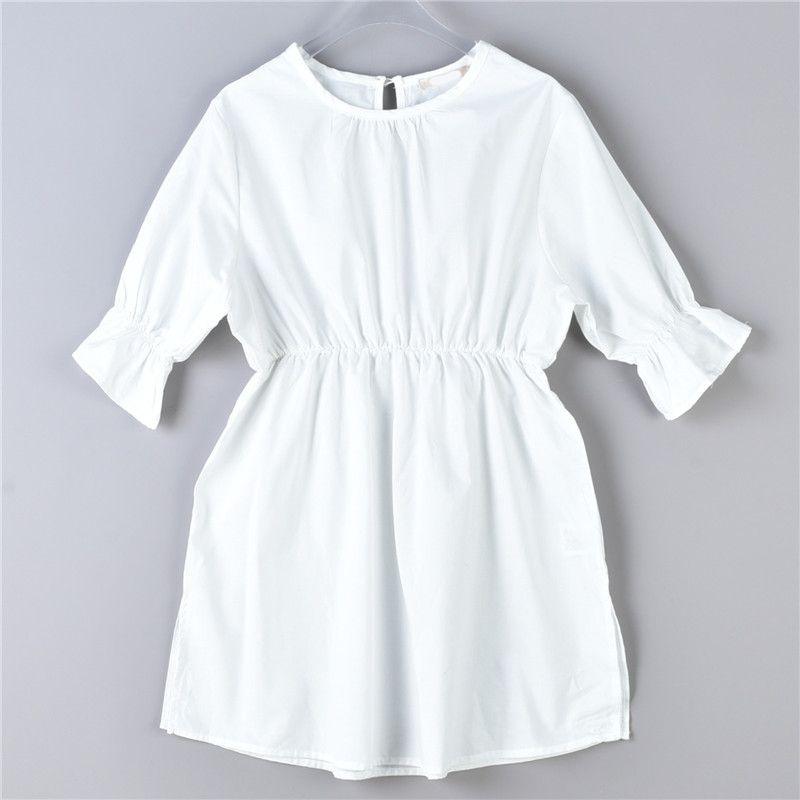 

921 Заказ Экспортирован в Японию Комбинезон с рукавами до локтя Короткое платье 73949 Белый Рукава-пузыри Колокольчик Уменьшающий возраст Приталенный Миди Круглый вырез Рубашки 1 White. All yards