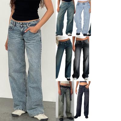 Baggy-Jeans für Damen, trendige Low Rise, lässige Boyfriend-Jeans mit geradem Bein, Jeanshose mit Tasche, Streetwear