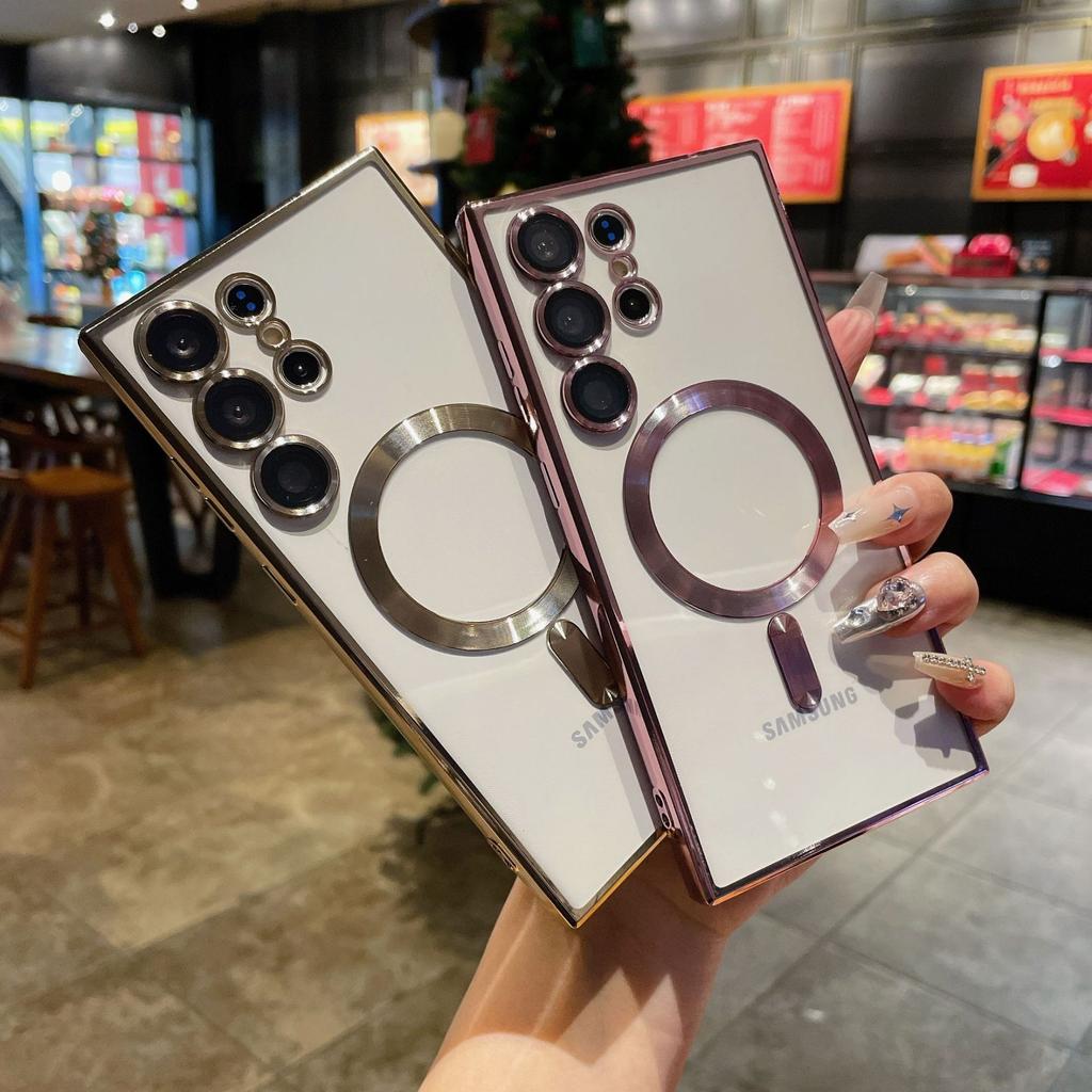 Suitable for Samsung S25 Ultra Electroplated Transparent Mobile Phone Case Magsafes Magnetic Suction S24 with Lens Film A17 Soft Case