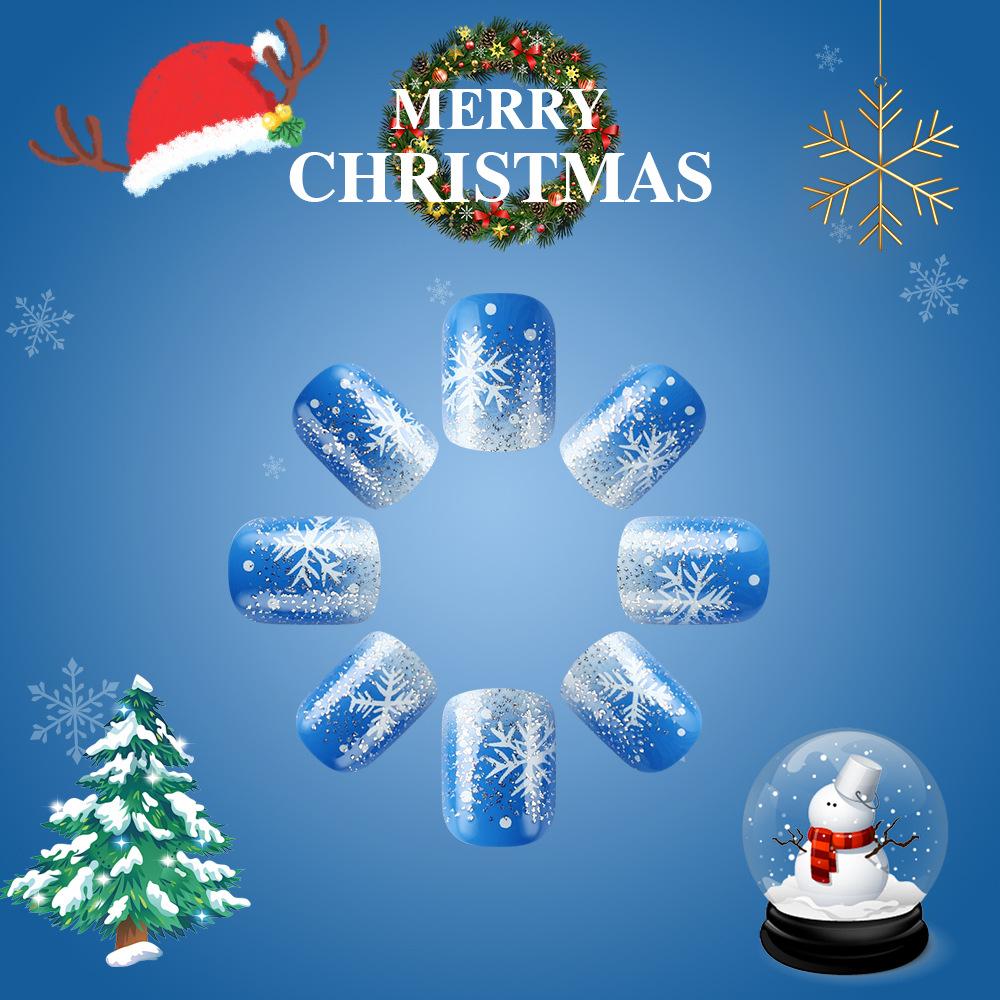 24Pcs Christmas Blue Glitter Short Square Press On Nails With Snowflake French Design Fake Nails For Women Holiday Manicure