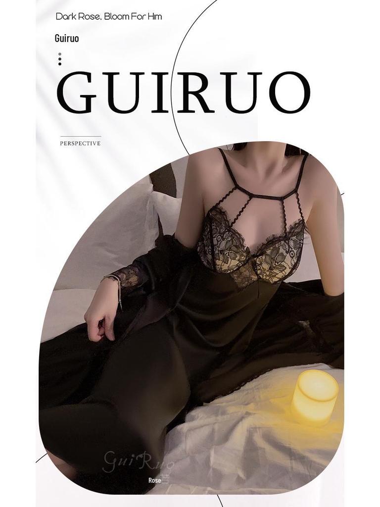 Guiruo Sexy Lace Slimming Nightgown & Outer Robe Set with Bust Pads - Women's Home Wear P4214