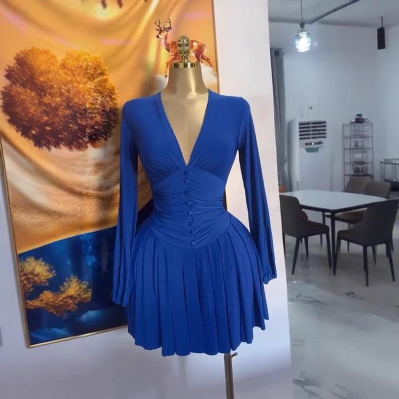 Women's French Style V-Neck Pleated Dress with Waist-Cinching Long Sleeves