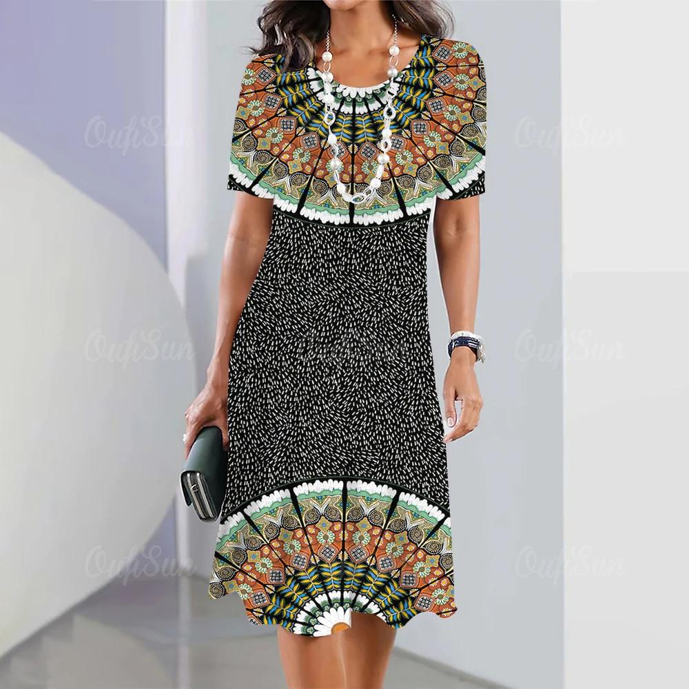 Women's Retro 3D Short-sleeved Pullover Summer Round Neck Dress Simple and Elegant Loose Skirt
