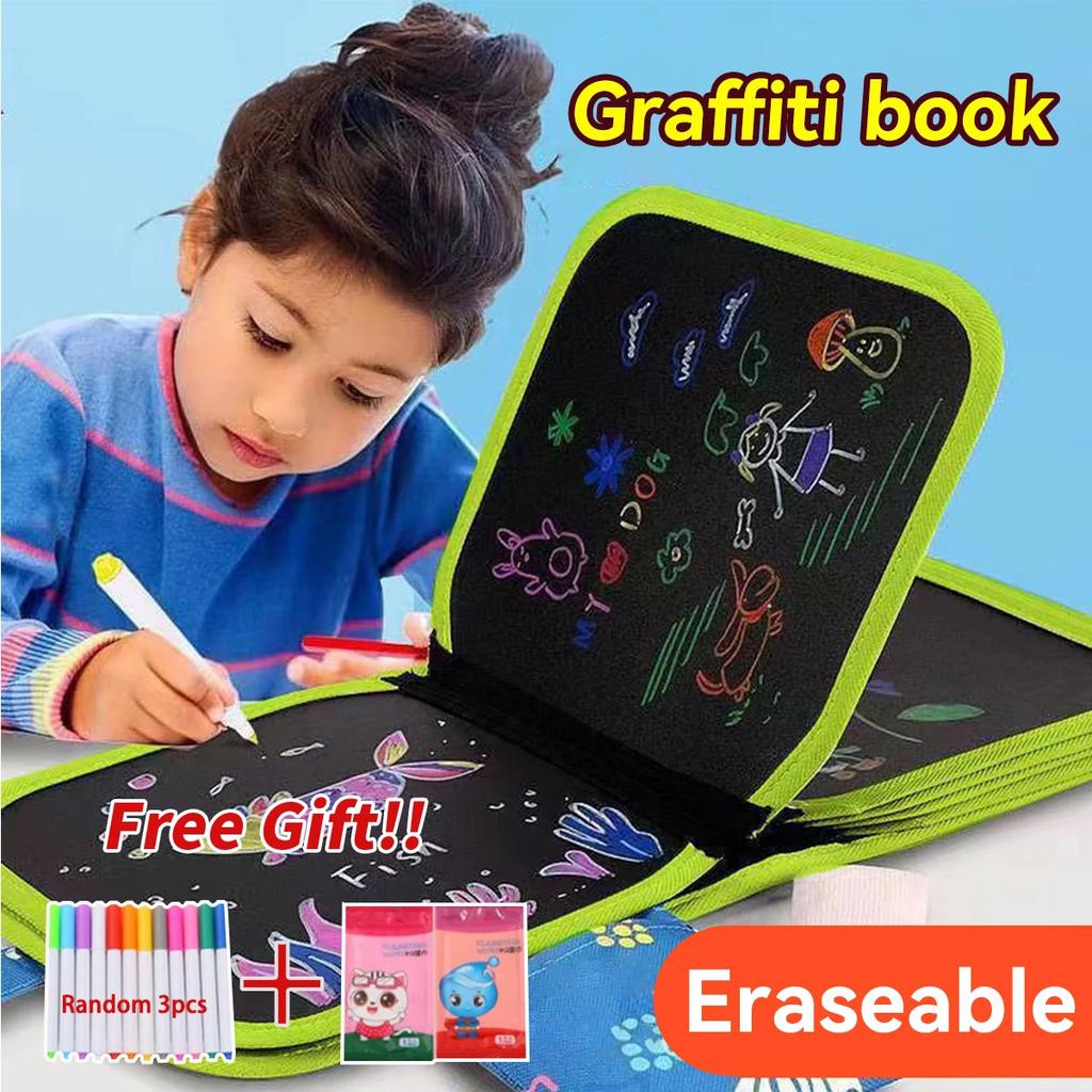 Back to School Reusable 6 Pages Graffiti Book&Board Set with Chalk Markers for Kids Drawing Art Learning Toys Educational Gift