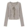 Women's Retro Tie-Up Design Long-Sleeve Textured Cropped T-Shirt for Autumn/Winter