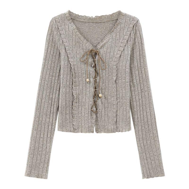 Women's Retro Tie-Up Design Long-Sleeve Textured Cropped T-Shirt for Autumn/Winter