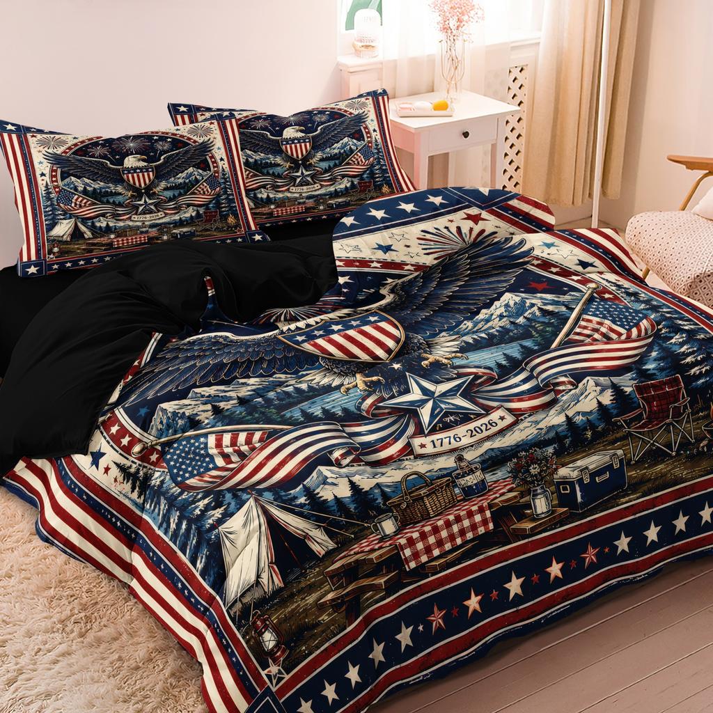 3Pcs Eagle Patriotic Camping Duvet Cover Set, Wilderness Mountain Tent Campfire US Flag Star Independence Day Printed Bedding