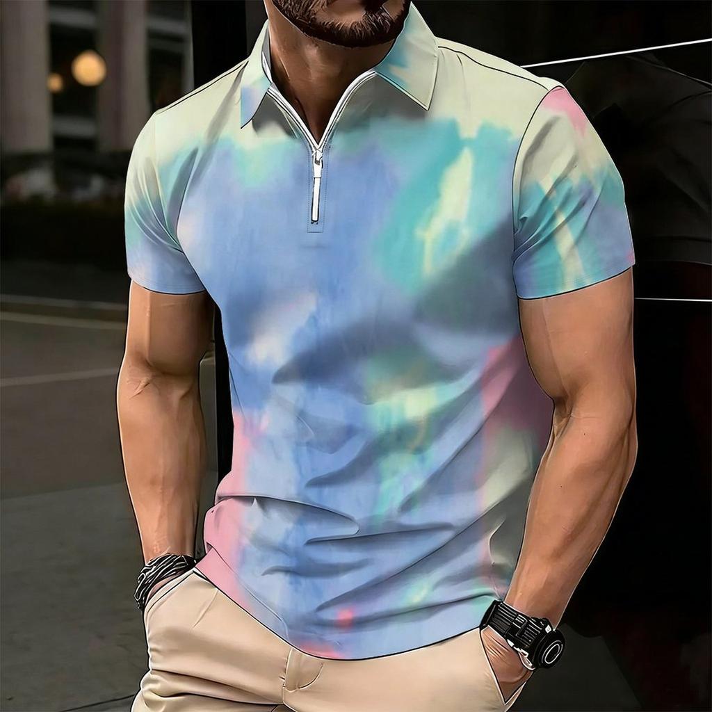 Women Short Sleeve Polo Shirt Pink White Black Camouflage Print Half Zip Lapel Top