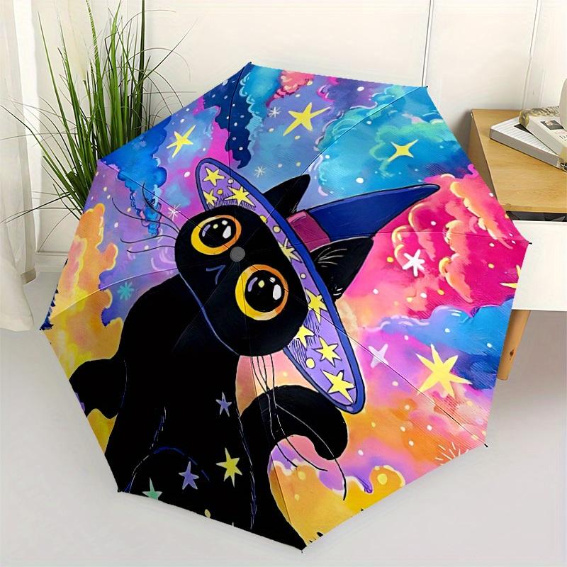 1pc Witch Cat Automatic Open/close Umbrella, 8-Rib sturdy structure, Portable Travel Umbrella, Parties, Everyday Use, Outdoor Accessory, Art