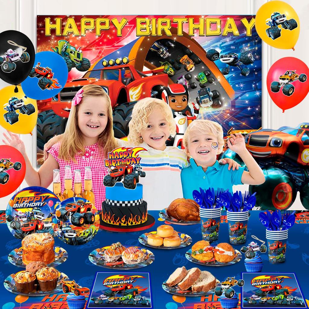 Forniture per Festa Monster Truck, 140 pezzi Decorazioni e Stoviglie per Compleanno Monster Truck - Piatti Sfondo per Compleanno Monster Truck, Decorazioni per Festa Blaze