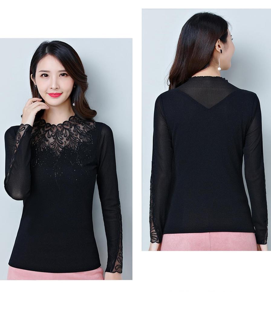 Yuoku Round Neck Top with Black Lace Floral Mesh and Long Slim Perfect for Everyday Ballroom Modern Practice Dance Lesson Latin Dance Costume Women's
