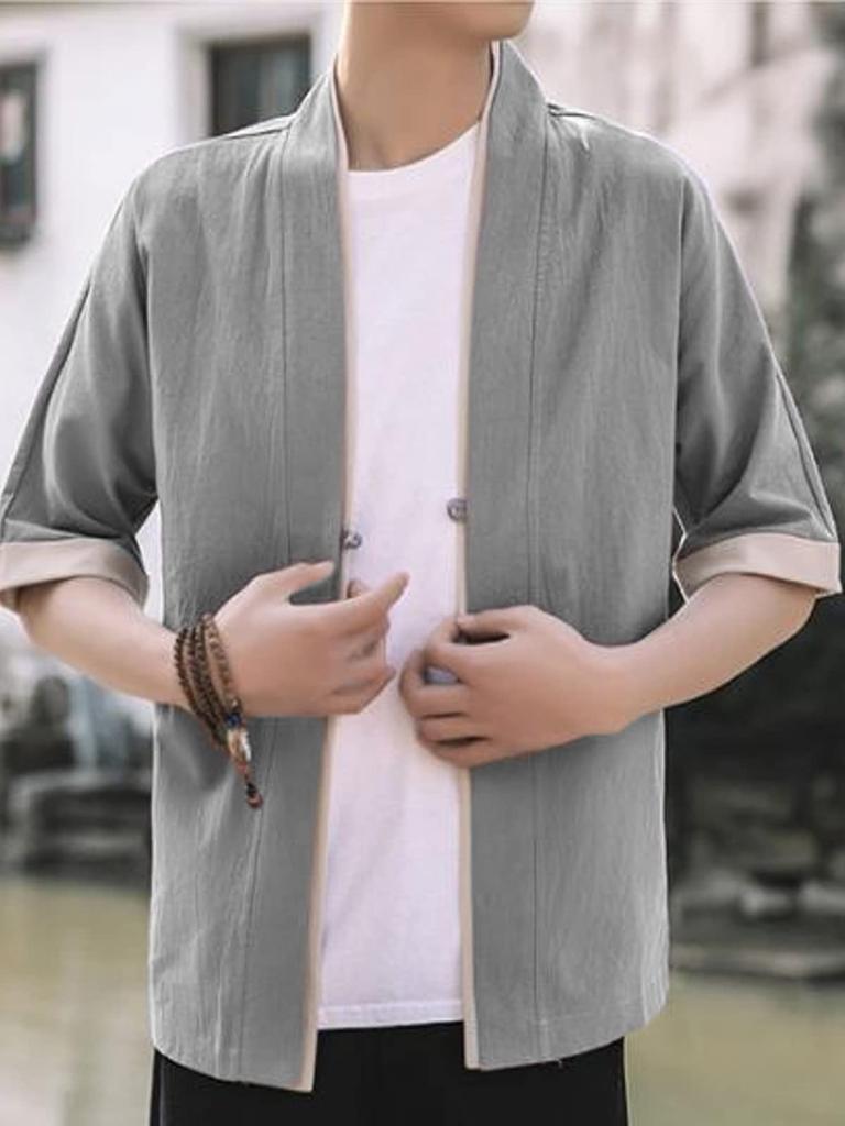 YF Men's Jinbei Cardigan Shirt Top, Haori (Cotton Jacket), Loose Fit, Plus Sizes, Japanese Style, Workwear, Samue, Short Sleeve, 5/8 Sleeve, Solid Col
