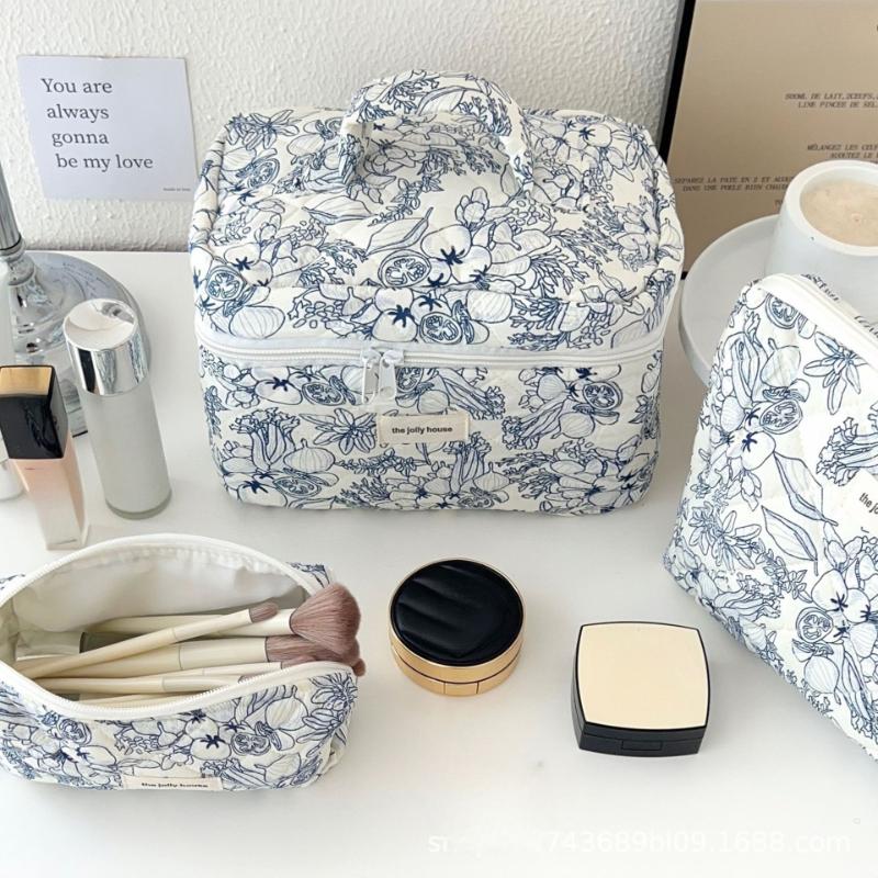 Cute Bow Cotton Cloth Makeup Bag Women Zipper Cosmetic Organizer Female Handbag Box Shape Portable Toiletry Case for Girls