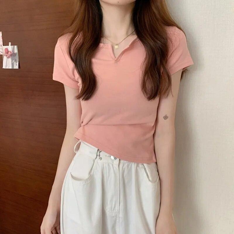 

Женский укороченный топ, однотонная повседневная футболка с короткими рукавами, пуловер, рубашка для тренировок, облегающая базовая рубашка с v-образным вырезом XL