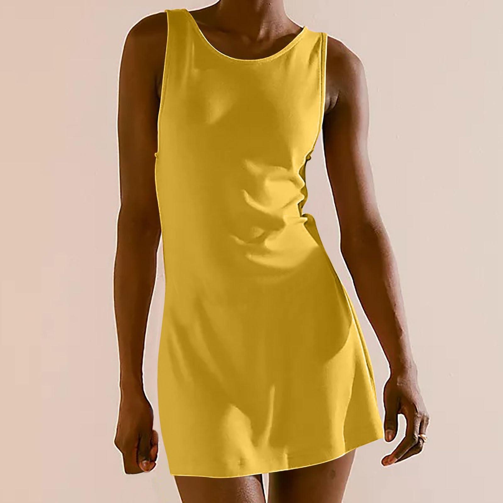 

Women Sleeveless Casual Crew Neck Fitted Solid Tank Dress Soft Lightweight Simple Design Comfortable Mini Dress for Daily Wear XXL