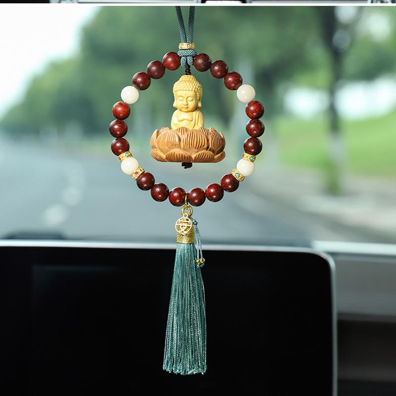 Carved Lotus Buddha Car Pendant Car Rearview Mirror Solid Wood Bodhi Tassel Figurine Hanging Decor Auto Interior Lucky Ornaments