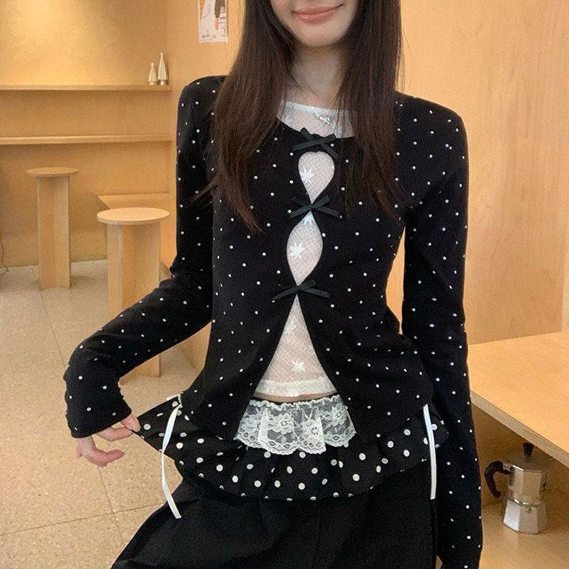 Korean Polka Dot Slim Lace Slim T-shirts Female Clothing Fake Two Pieces Tops Spring Autumn Long Sleeve Sweet Bow Pullovers