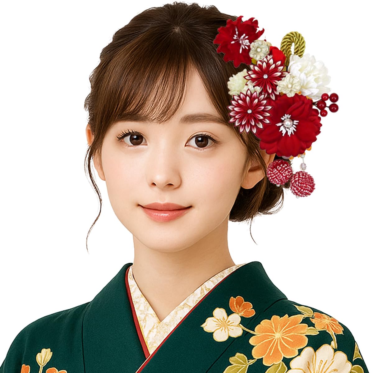 

hair accessory set for furisode and featuring flowers in and red free 3-piece (long-sleeved kimono) coming-of-age ceremonies, kk-057, tsumami-zaiku