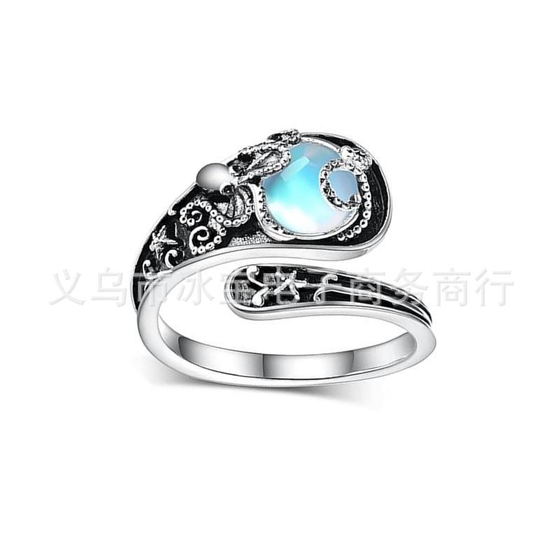 Moonstone Spoon Ring Black Agate Victorian Vintage Embossed Texture Bohemian Index Finger Ring