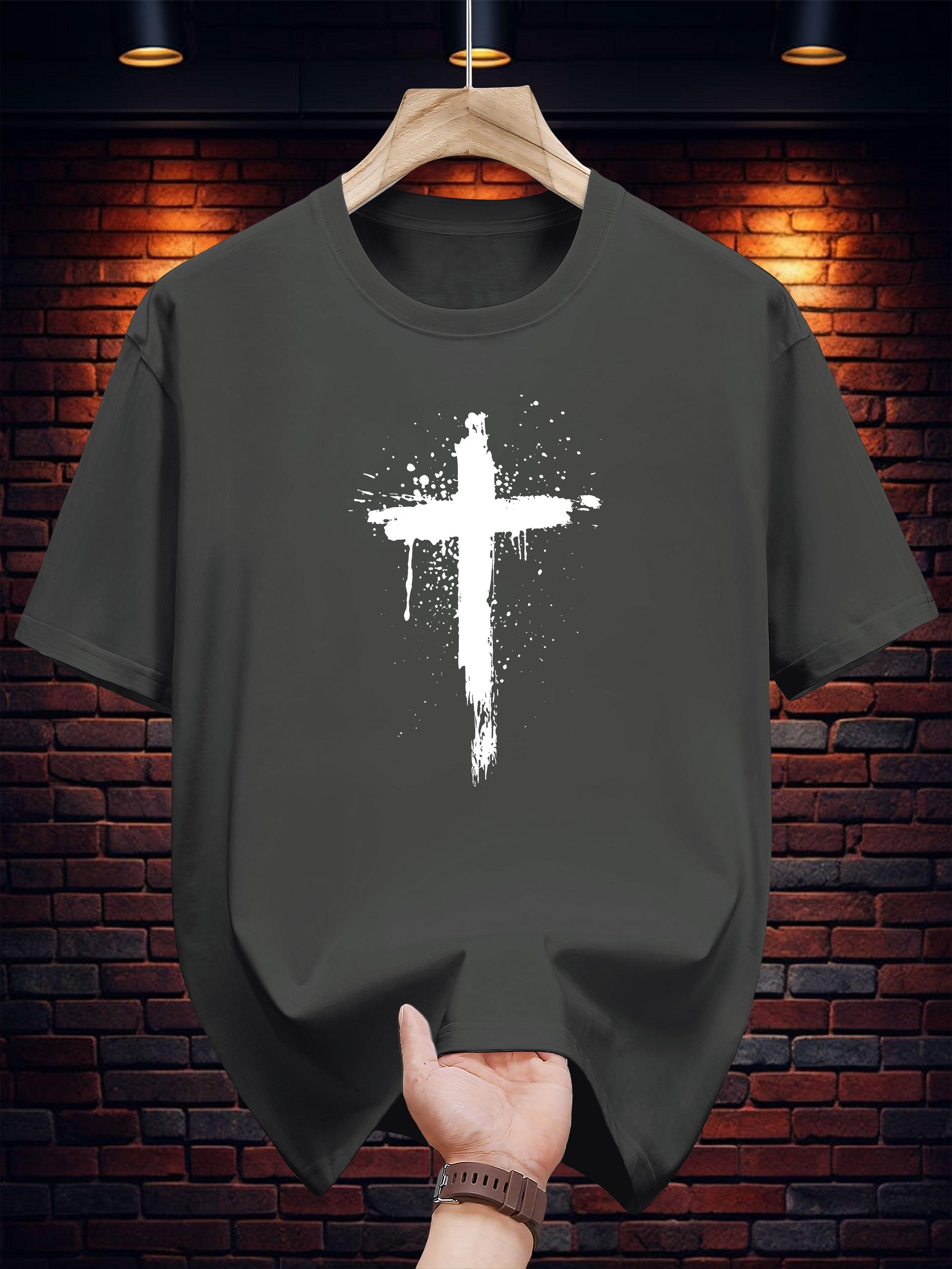 T-shirt with Distressed Cross Print - Navy Blue Casual Summer Tee S