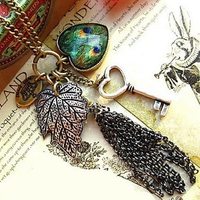 

Винтажный кулон в форме сердца, павлиньи перья, листья, ключ, кулон, ожерелье