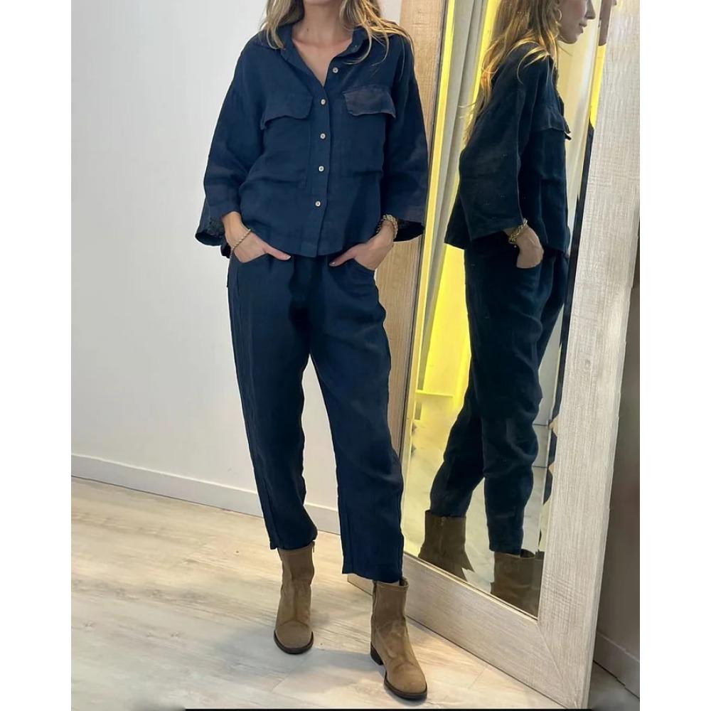 Summer New Women's Two-piece Shirt Set High-waisted Loose Nine-inch Pants
