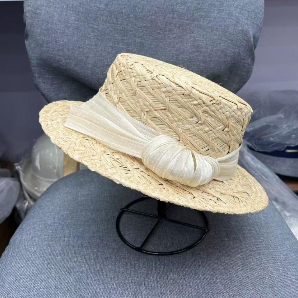 Natural grass flat top Lafite straw hat women's spring and summer sun protection sun hat seaside bucket hat grass woven hat