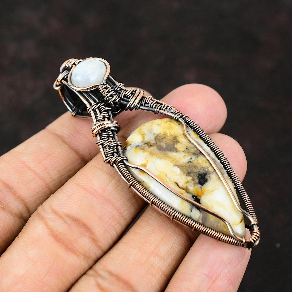 Plume Agate Copper Wire Wrapped Pendant Moonstone Copper Jewelry Handmade Gemstone Pendant Moonstone Pendant Designer Jewelry Gift For Mom