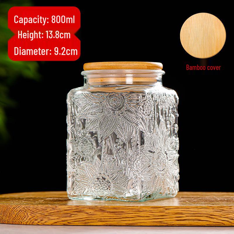 Cylindrical Embossed Glass Storage Jar with Wooden Lid for Dried Fruits and Grains