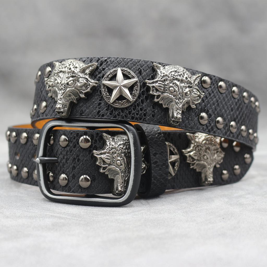 7-color 3D Wolf Head Rivet Belt Punk Men's Belt Women's Snake Pattern Versatile Decorative Belt