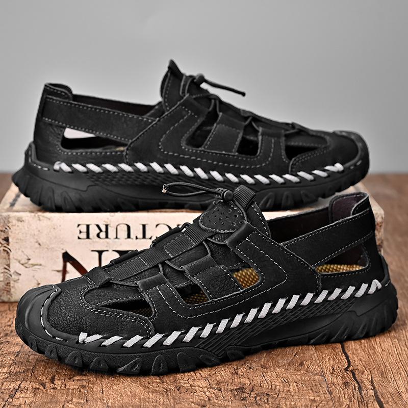 

Большие размеры, летняя повседневная обувь ручной работы из коровьей кожи, повседневная обувь для улицы, эластичный пояс, полые дышащие мужские туфли 46 чёрный