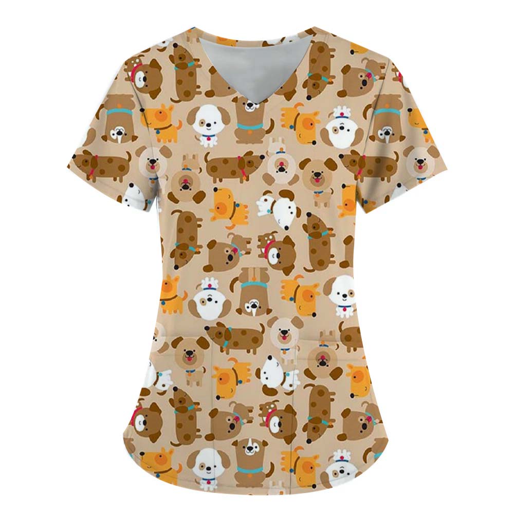 Surgical Uniforms Woman Scrub V-Neck Short Sleeves Tops Women's Medical Uniforms Vet Clinical Uniforms Cute Puppy Cartoon Print