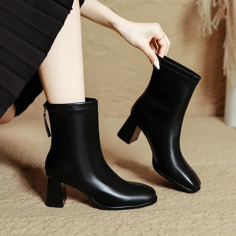 Fashion Autumn and Winter New Mid-leg Fashion Boots Square Head Thick Heel Thin Boots Brown French Ankle Boots