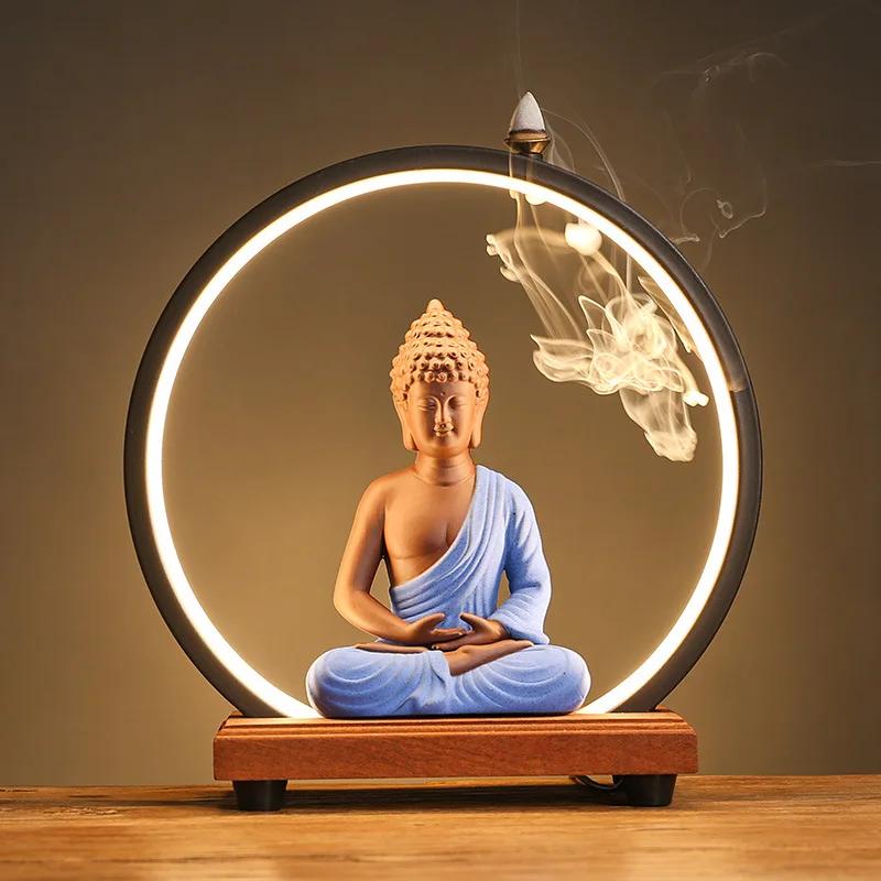 Backflow Incense Burner Indoor LED Light Ring Purple Sand Buddha Zen Ornament Living Room Decoration Tea Ceremony Accessories