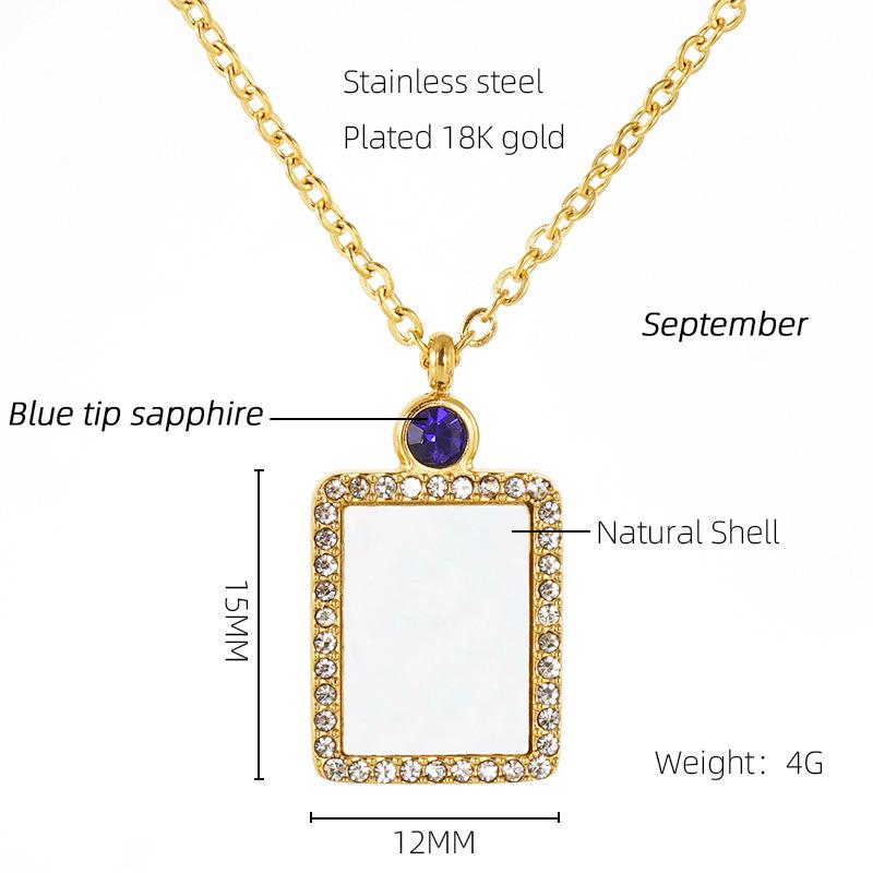 18K Titanium Steel Birthstone Pendant Necklace with Square Shell Design for Women