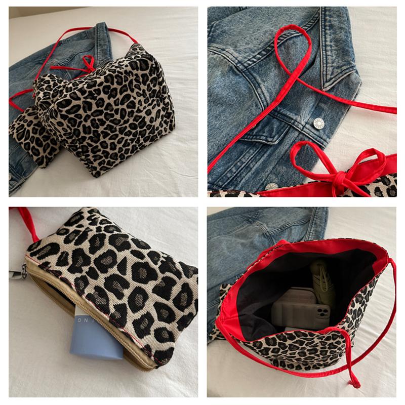 Korean Double Sided Leopard Print Bucket Shoulder Bag , Stylish Leopard Print Handbag for Women, Fashion Bow Large Capacity Crossbody Bag