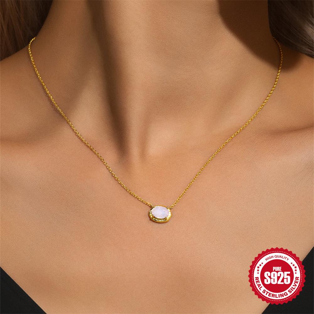 Wind Commuter Simple Wear S925 Sterling Silver Textured Powder Opal Geometric Necklace Clavicle Chain