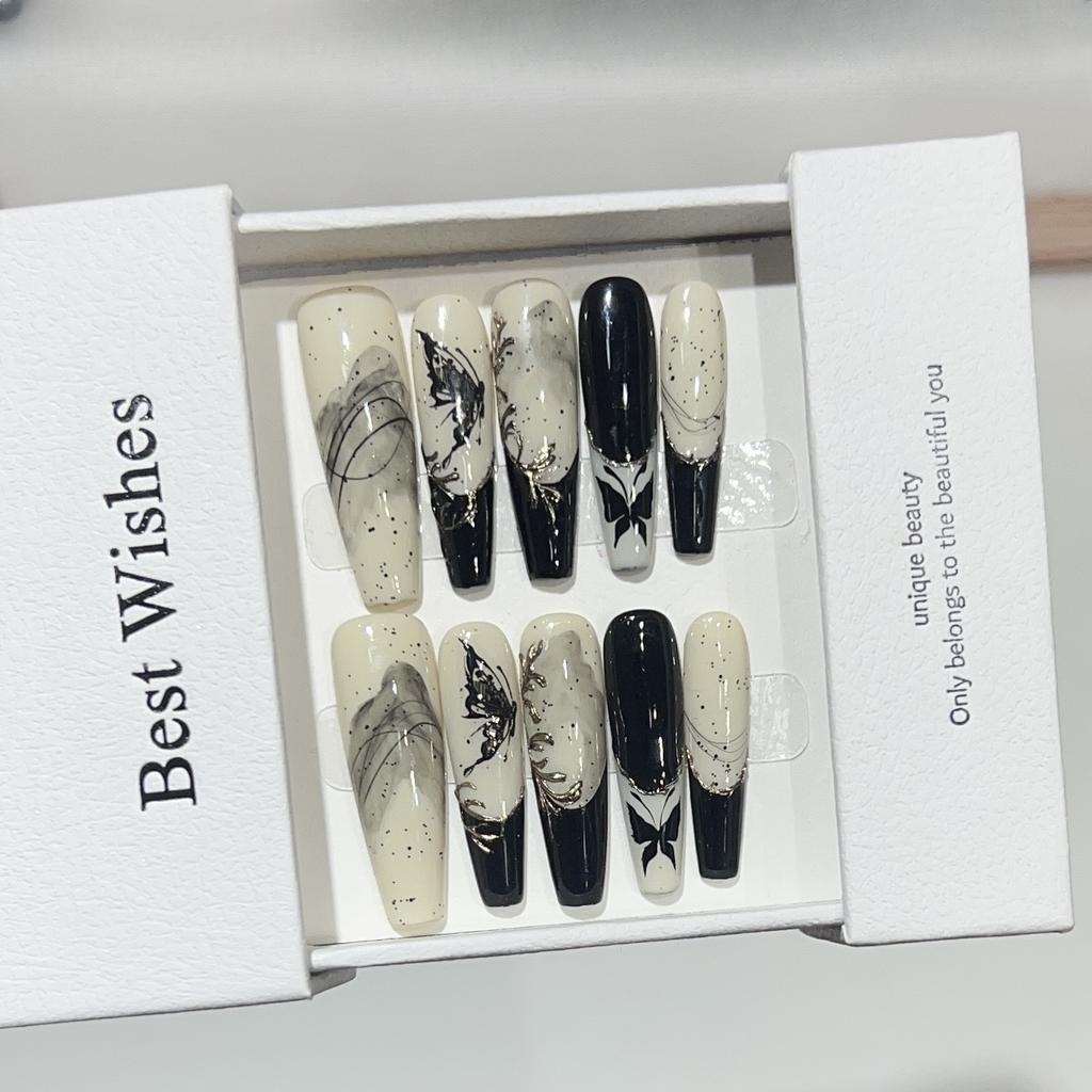 Chinese Style Wear Nail Pure Handmade Nail Art Fake Nail Patch Hand-painted Landscape Painting Butterfly French Magic Mirror Nail Patch