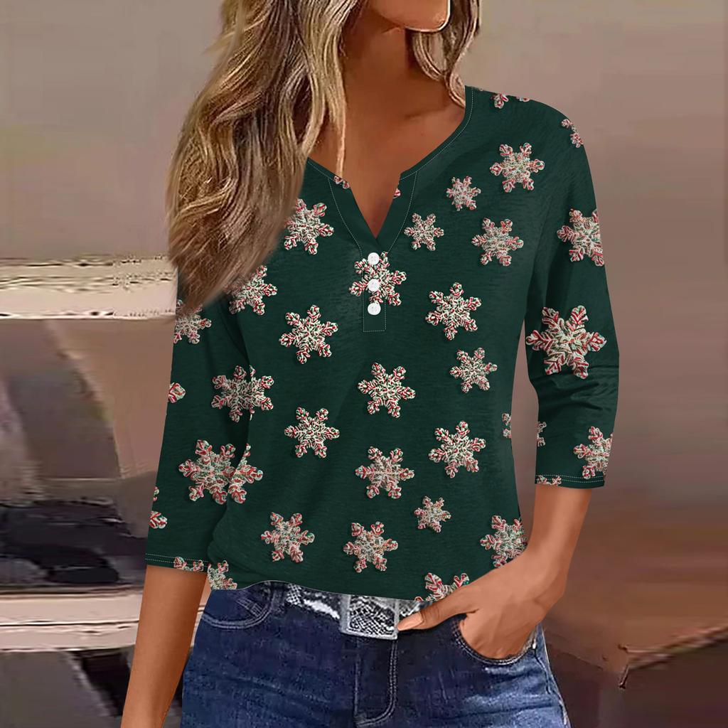 Damenmode Lässig Halloween Bedruckt V-Ausschnitt Kurzarm Zierknopf Dreiviertelarm T-Shirt Top